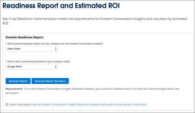 Readiness Report and Estimated ROI screen, with a highlight around the Generate Report button.