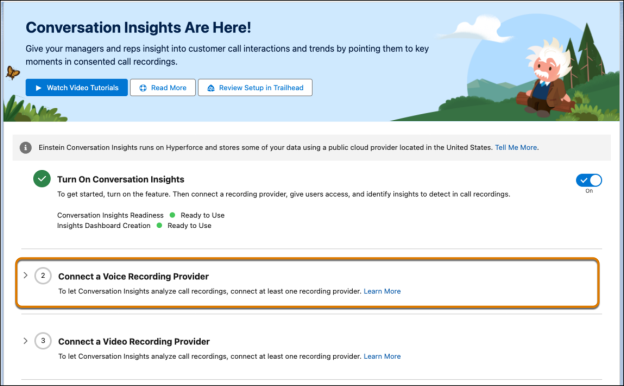 Conversation Insights setup interface, with Connect a Voice Recording Provider section highlighted.