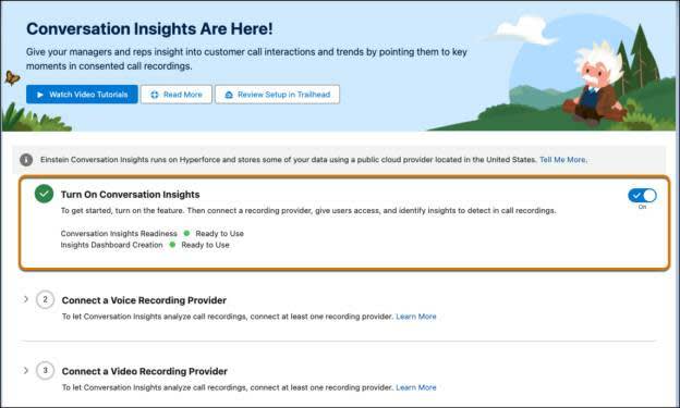 Conversation Insights setup interface, with Turn On Conversation Insights section highlighted.