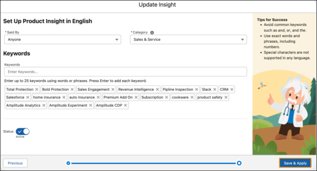 [Save & Apply (保存 & 適用)] が強調表示されている [Update Insight (インサイトを更新)] ウィンドウ。