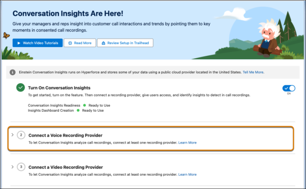 [Connect a Voice Recording Provider (音声記録プロバイダーを接続)] セクションが強調表示されている会話インサイト設定インターフェース。