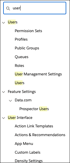 Quick Find with search term "user" and related menu items