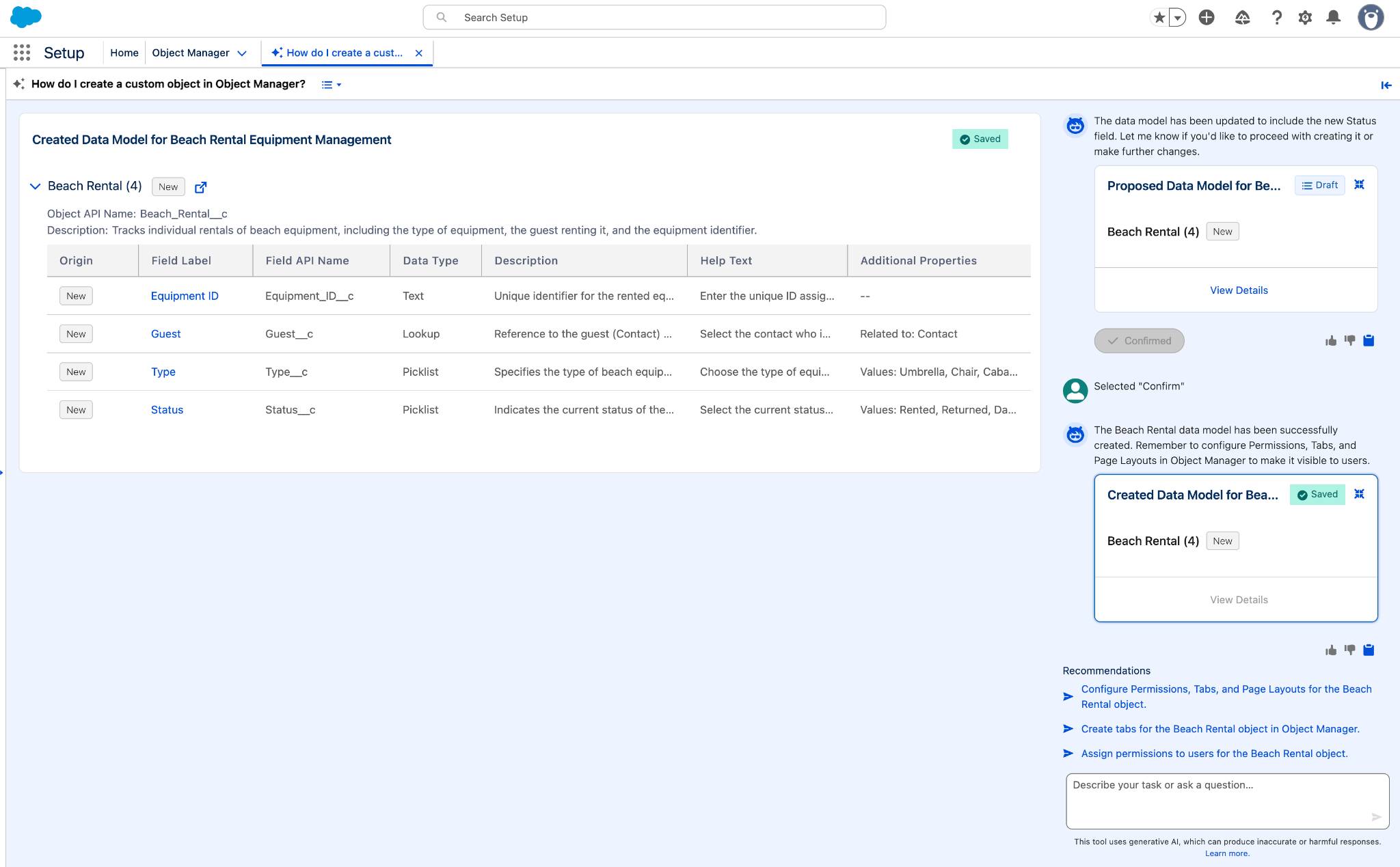 The continued conversation with the Setup agent, displaying a confirmed and created custom object.