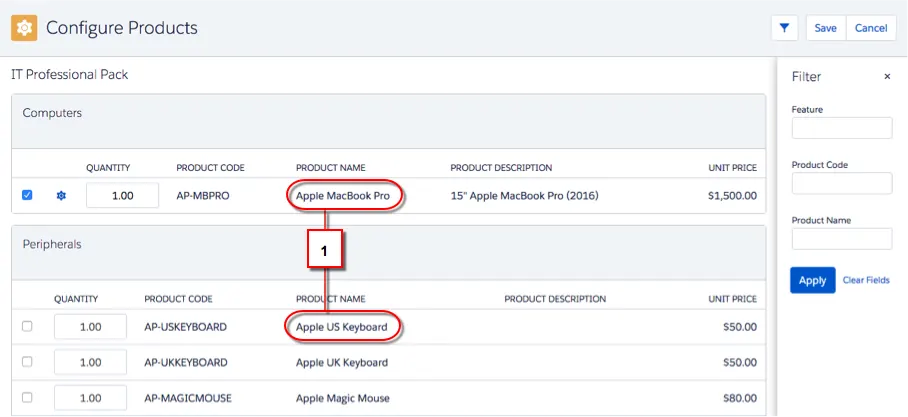 Écran Configure Products (Configuration des produits) avec nom du produit surligné deux fois