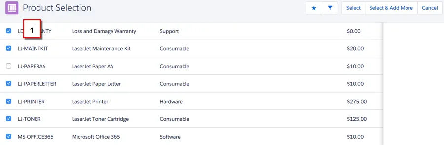 Product Selection screen with product types highlighted