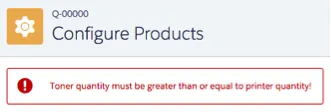 エラーメッセージ「Toner quantity must be greater than or equal to printer quantity! (トナーの数量はプリンターの数量以上にする必要があります)」が表示された [商品の設定] 画面