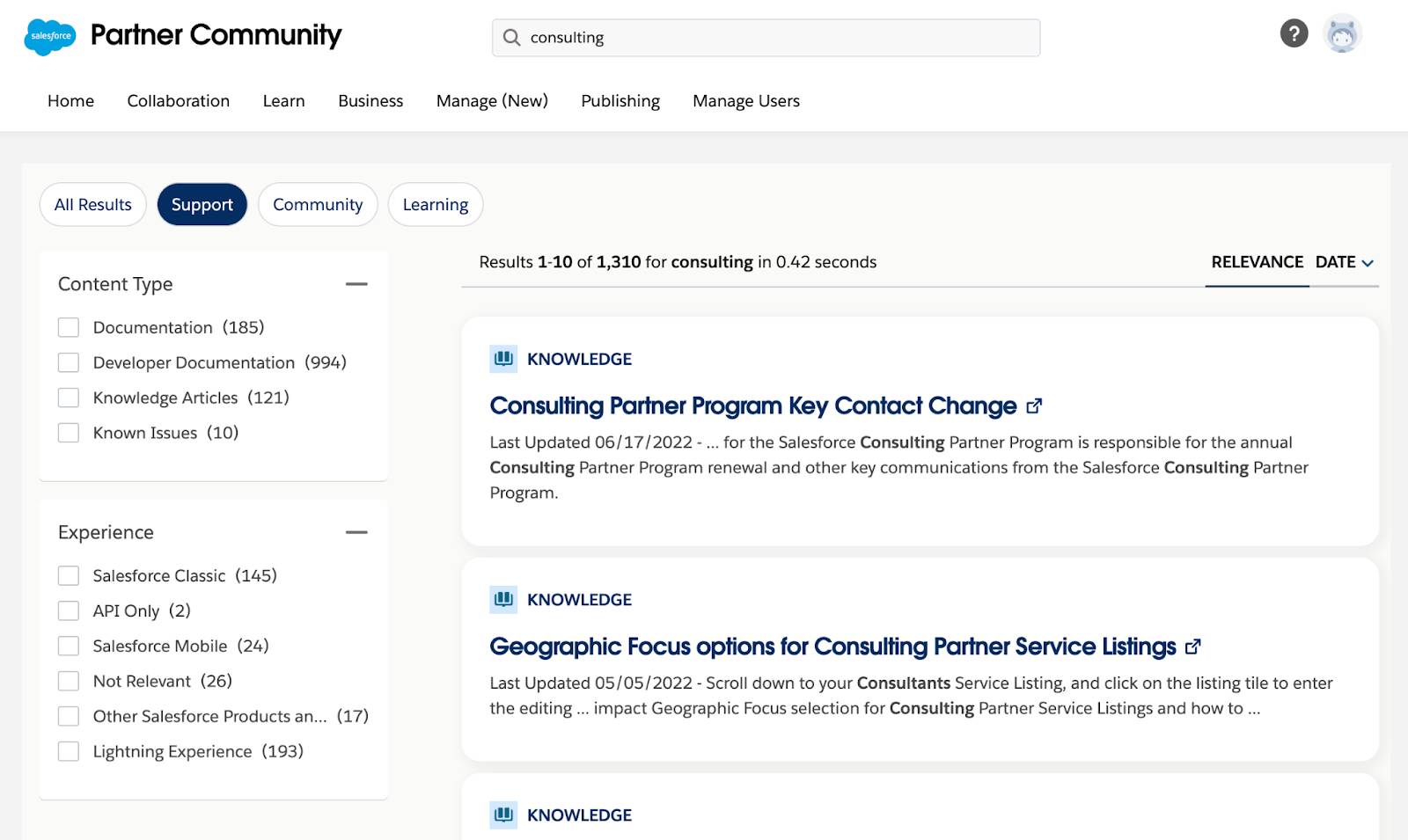 Salesforce パートナーコミュニティサイトの検索結果カテゴリ。