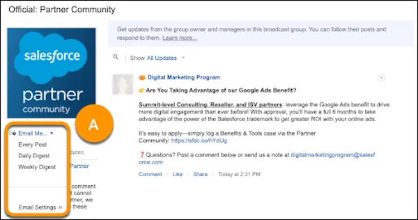 The Salesforce Partner Community group email settings menu (A)