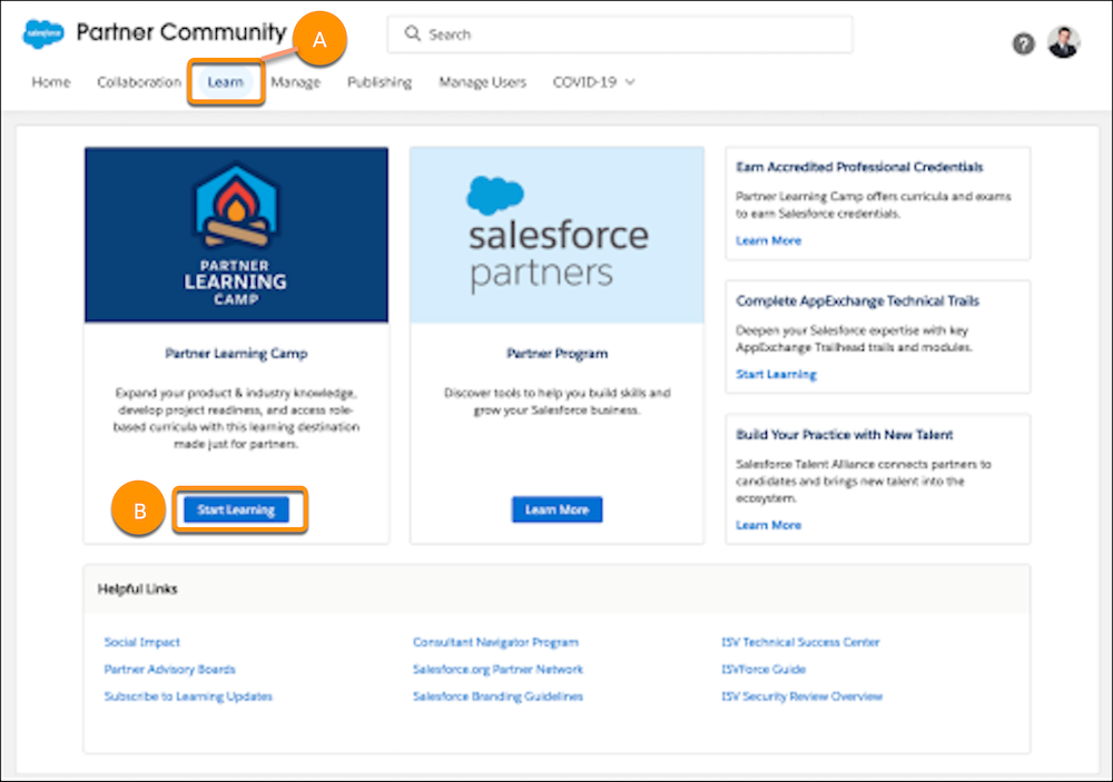 The Partner Community Learn tab (A) with highlights on Start Learning (B)