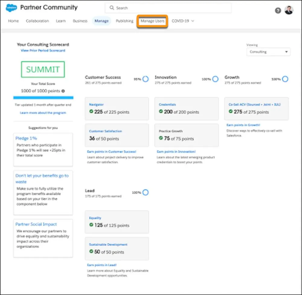 The Salesforce Partner Community Manage Users tab