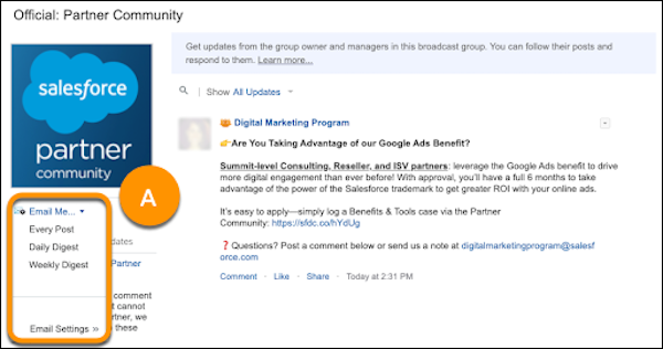 Salesforce パートナーコミュニティグループのメール設定メニュー (A)