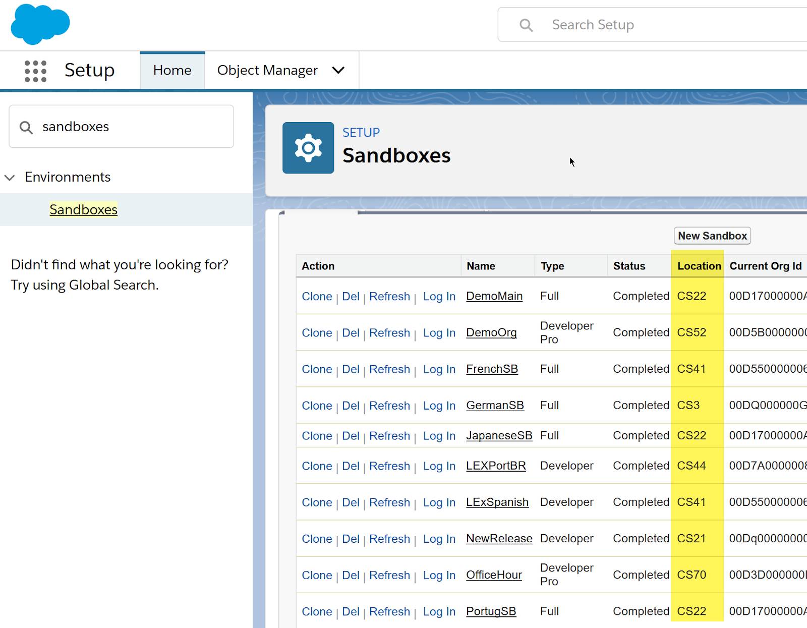 List of sandboxes found in a table in Setup. Each table row includes the instance name, type, status, and location. Instance numbers are listed in the Location column.