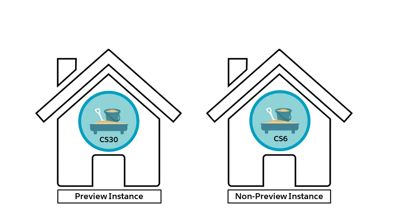 「Preview Instance (プレビューインスタンス)」というラベルが付いた家と、「Non-Preview Instance (非プレビューインスタンス)」というラベルが付いた家。