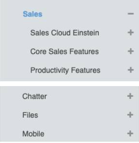 リリースノートのクイックリンクは、Sales Cloud Einstein または中核的なセールス機能などの製品別および Chatter やモバイルなどの機能別に整理されています。