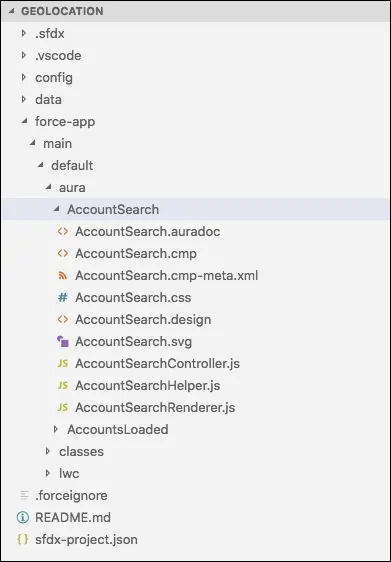 AccountSearch folder expanded to show its files in Visual Studio Code