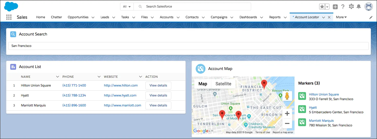 Account Locator component with Account Search, Account List, and Account Map components