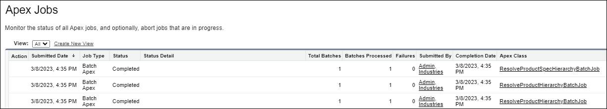 Submitted jobs on the Apex Jobs screen.