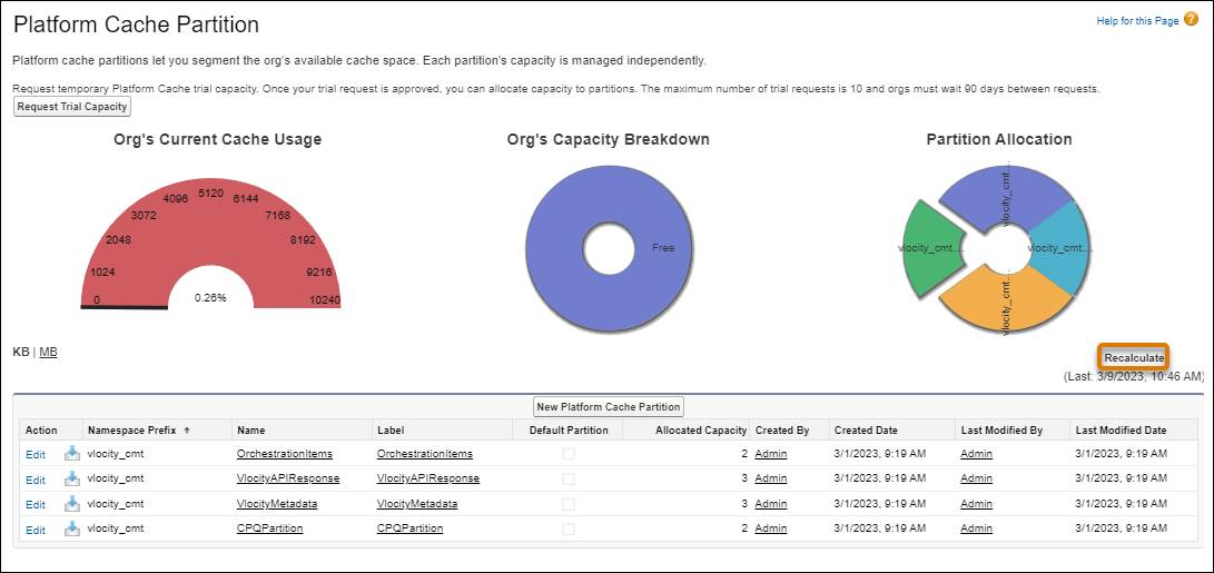 [Recalculate (再計算)] ボタンが強調表示されている [Platform Cache Partition (プラットフォームキャッシュ区分)] 画面。
