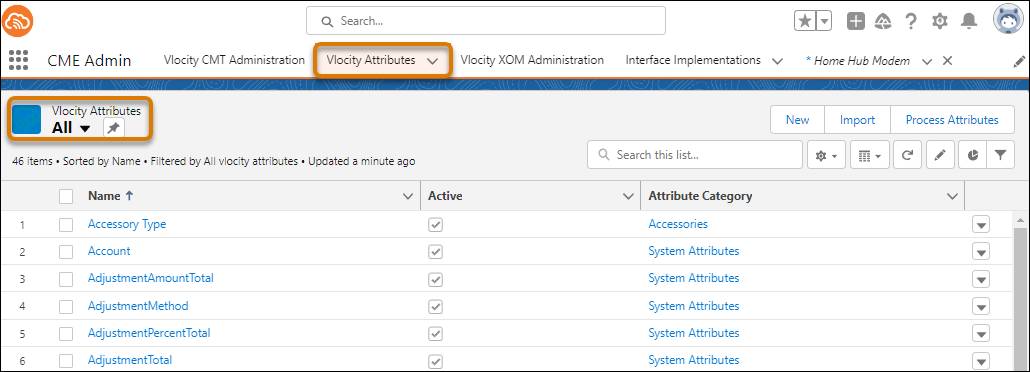 [CME Admin (CME 管理)] ワークスペースの [Vlocity Attributes (Vlocity 属性)] タブ。