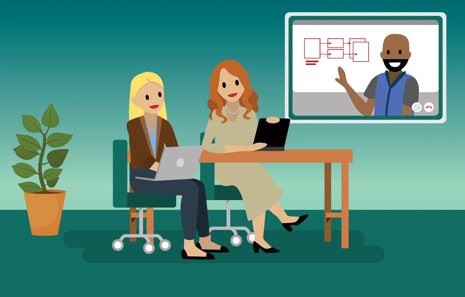 Team members in a hybrid meeting, listening to one another.