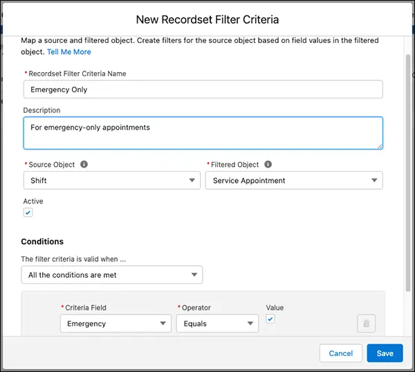 The Emergency Only Recordset Filter Criteria