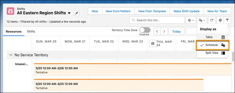 Shifts Schedule view