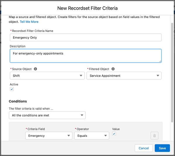 The Emergency Only Recordset Filter Criteria