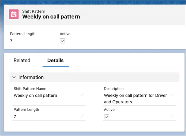 Shift Pattern Details tab