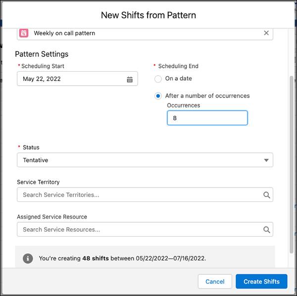 New from Shifts Pattern window