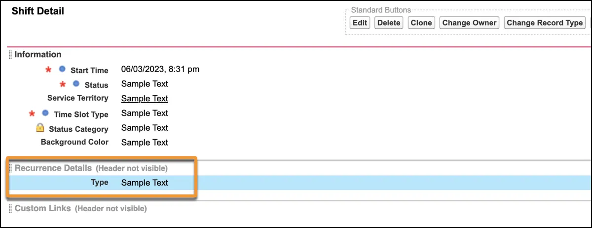 The Recurrence Details section shows the Type Field.