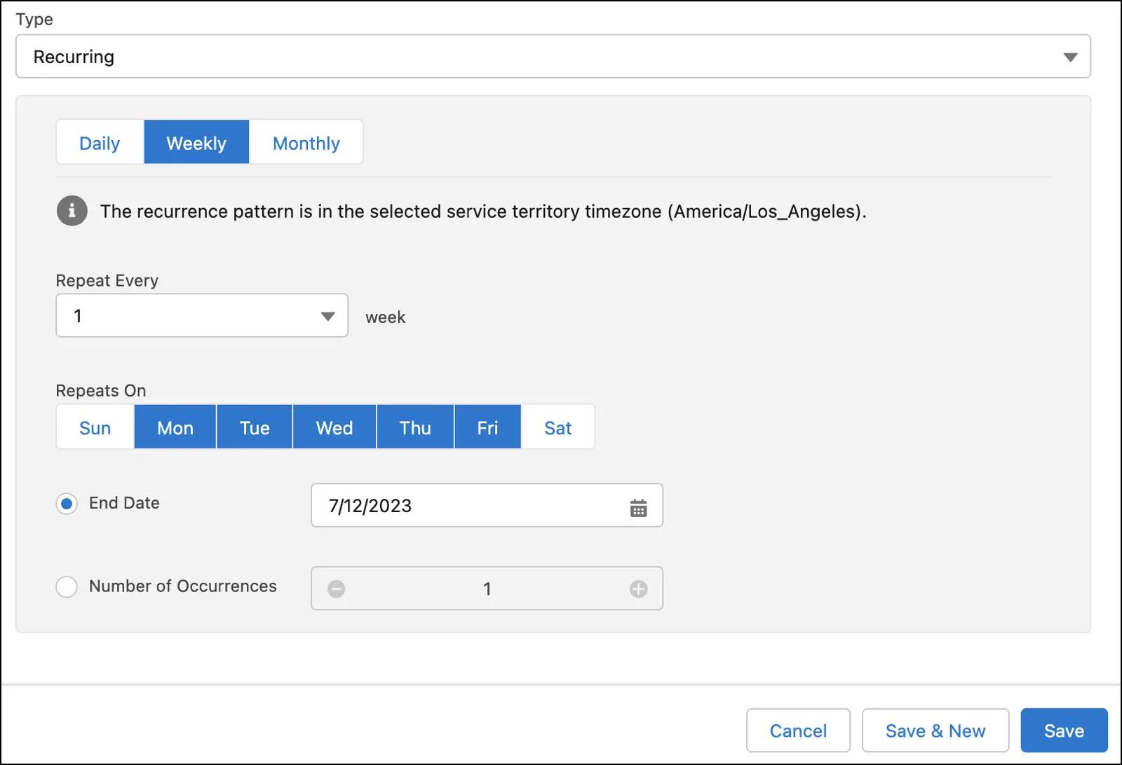 The Type field and the recurrence pattern details on the New Shift page.