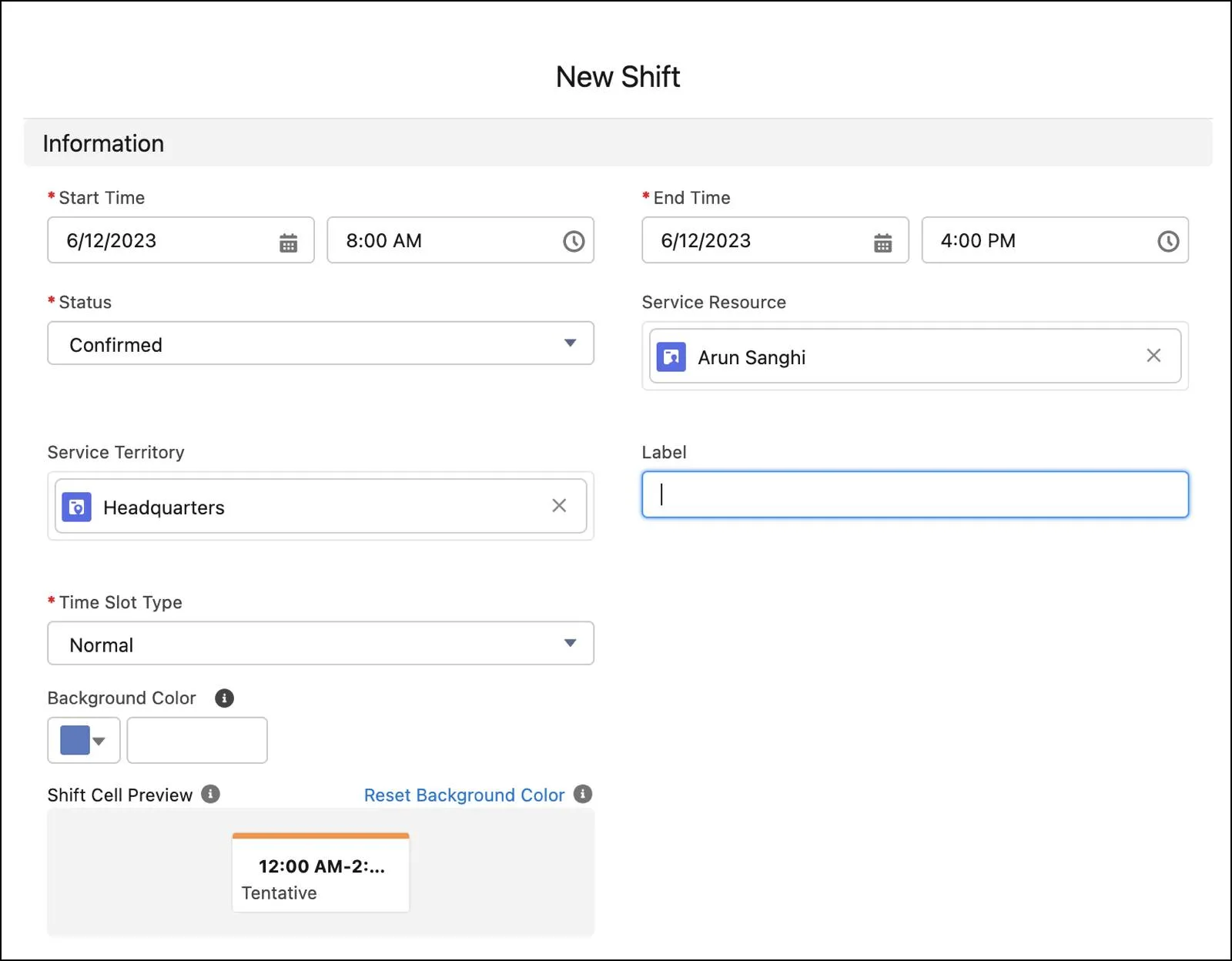 The New Shift window with shift details entered.