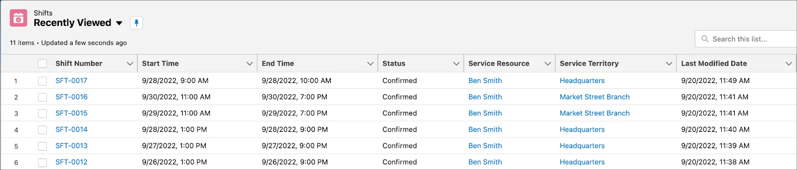 Ben’s shifts after adding a shift from 9:00 AM to 10:00 AM for Wednesday.