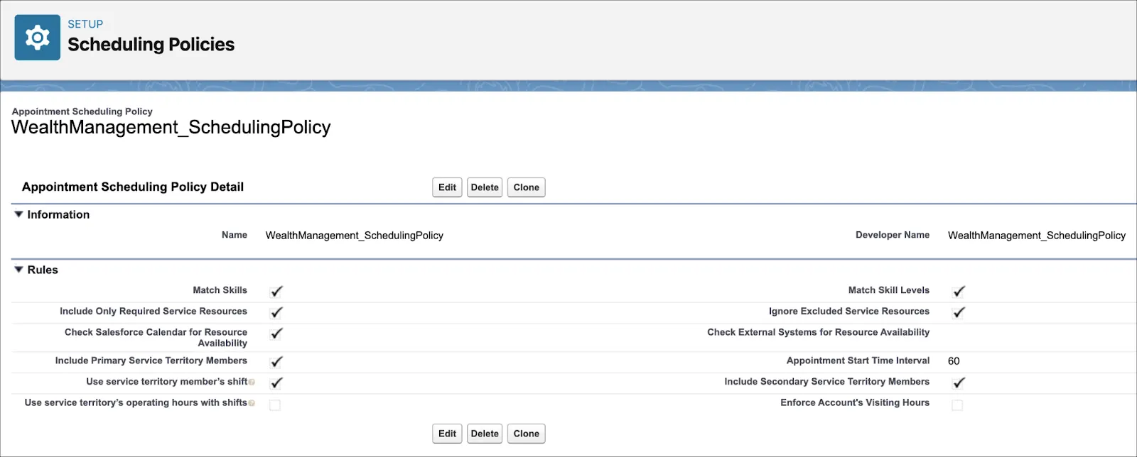 The WealthManagement_SchedulingPolicy scheduling policy page with the Use service territory member’s shift policy selected.