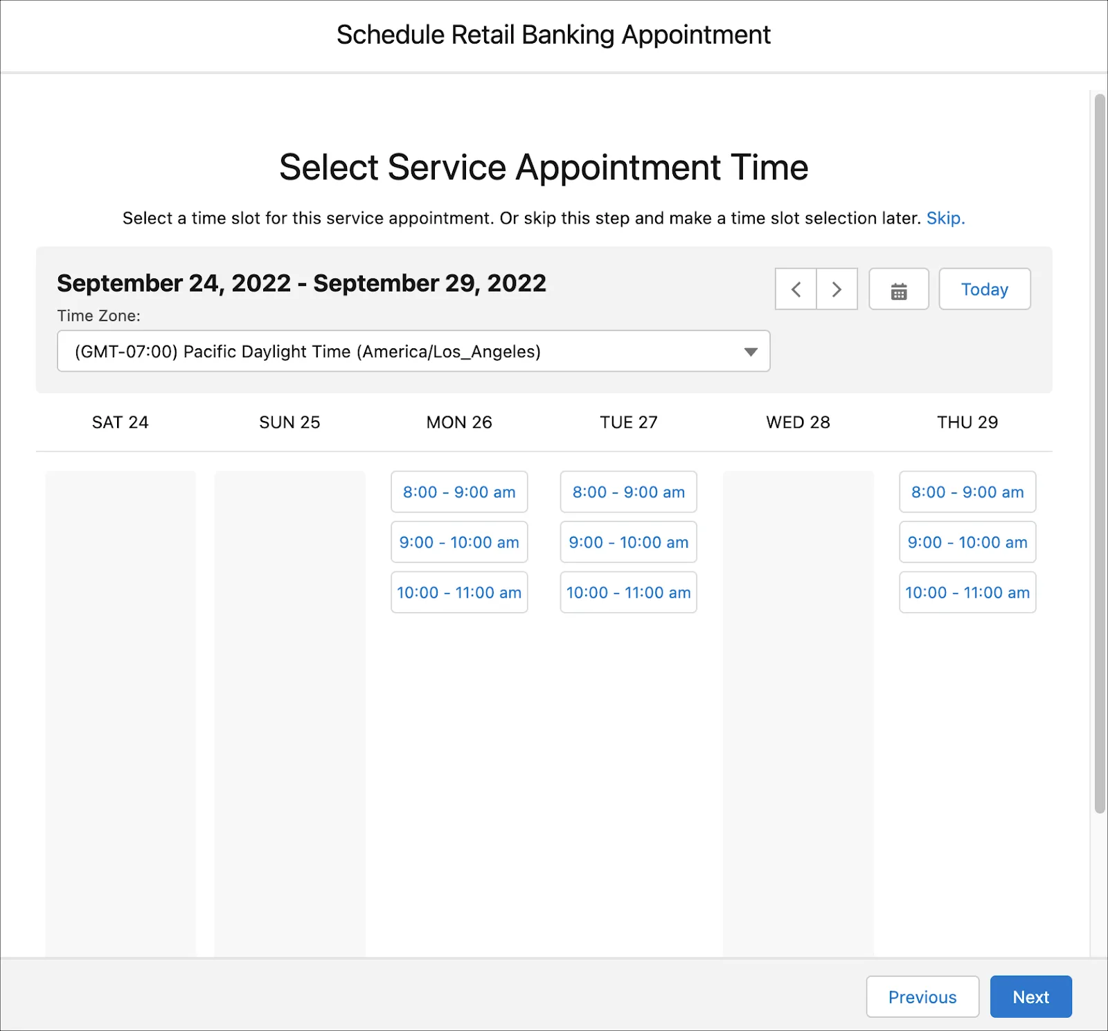 The Select Service Appointment Time window that shows available time slots for Kiara’s meeting with Arun.