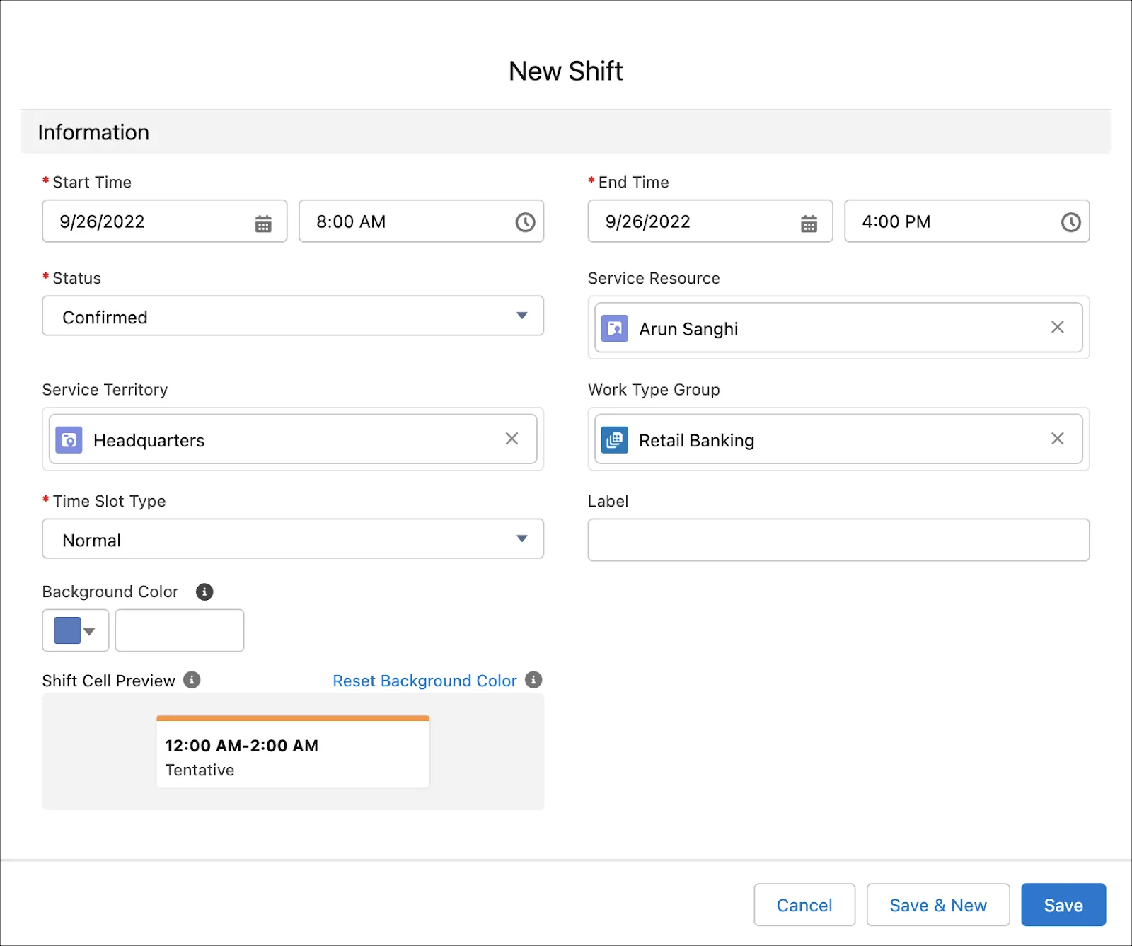 The New Shift dialog box with Arun’s shift details filled in.