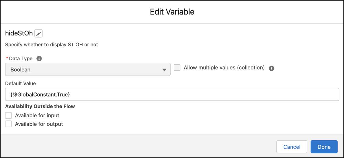 The Edit Variable window with the default value set to true.