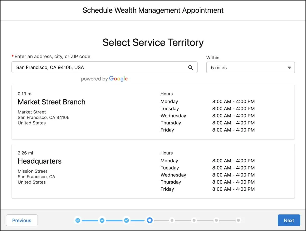 The Select Service Territory screen with the operating hours displayed.