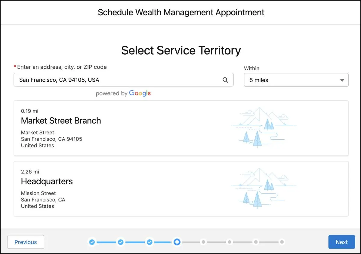 The Select Service Territory screen without operating hours.