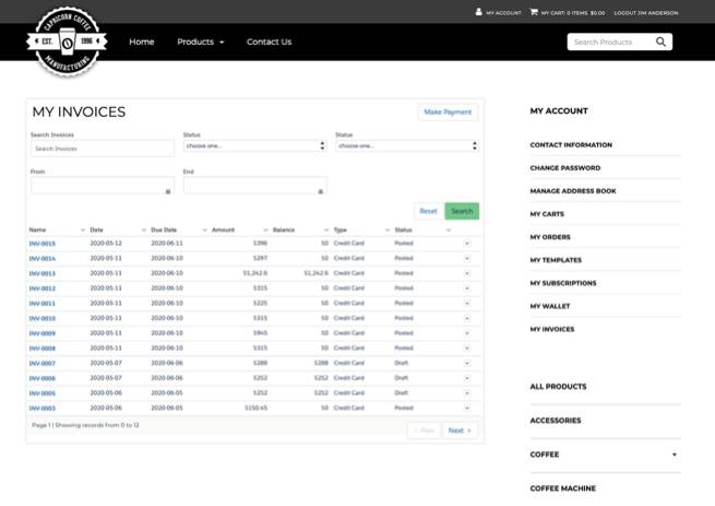 My Orders page with custom invoice display.