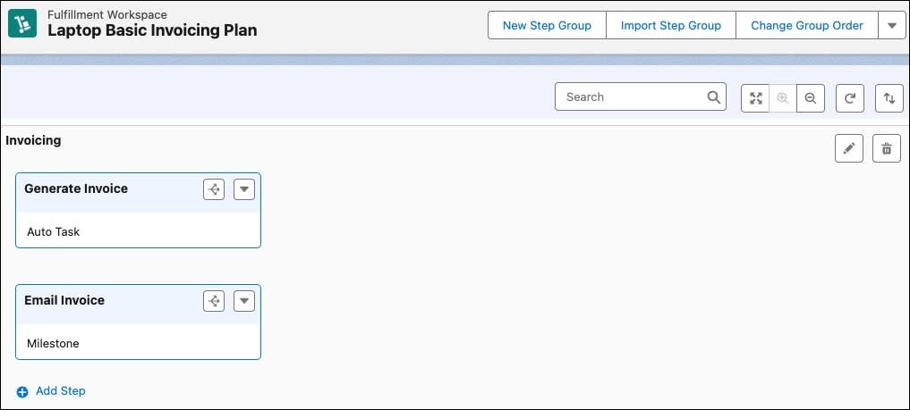 The Laptop Basic Invoicing Plan with two steps Generate Invoice and Email Invoice in the Invoicing step group.
