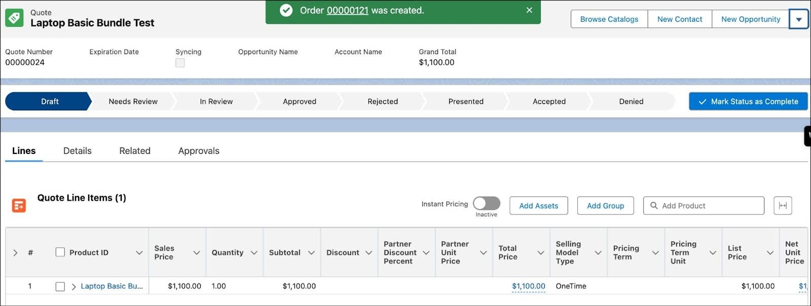 The quote screen after the order has been created.