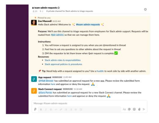 Example of a conversation in the team-admin-requests back end channel.