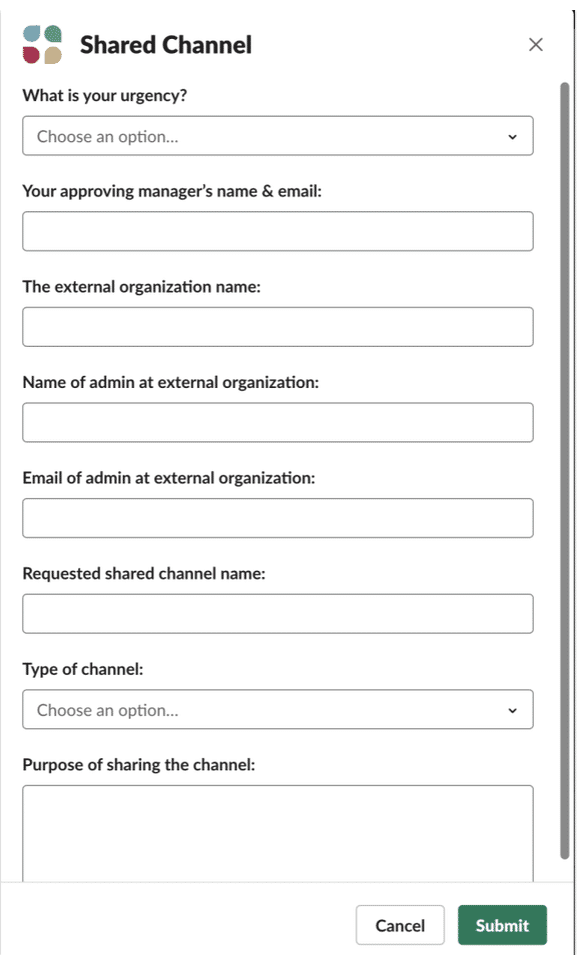 Slack workflow form for a Shared Channel request