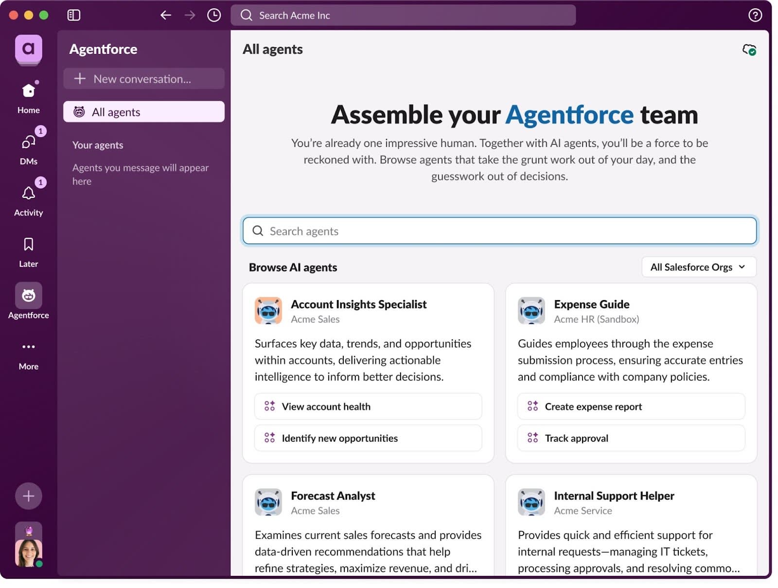 A directory in the Agentforce Hub in Slack.