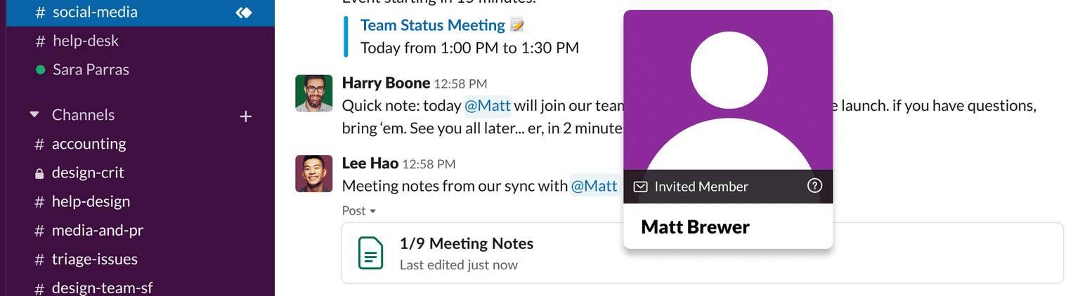 Matt Brewer highlighted in the Slack interface with status of Invited Member.