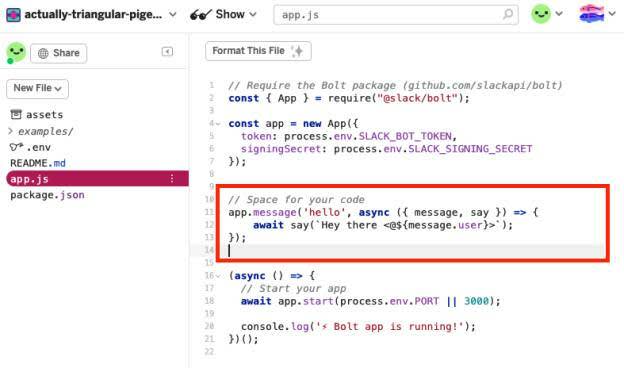 app.js file with code inputted just under // Space for your code highlighted by a red box