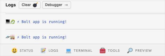 Logs open with the message Bolt app is running!