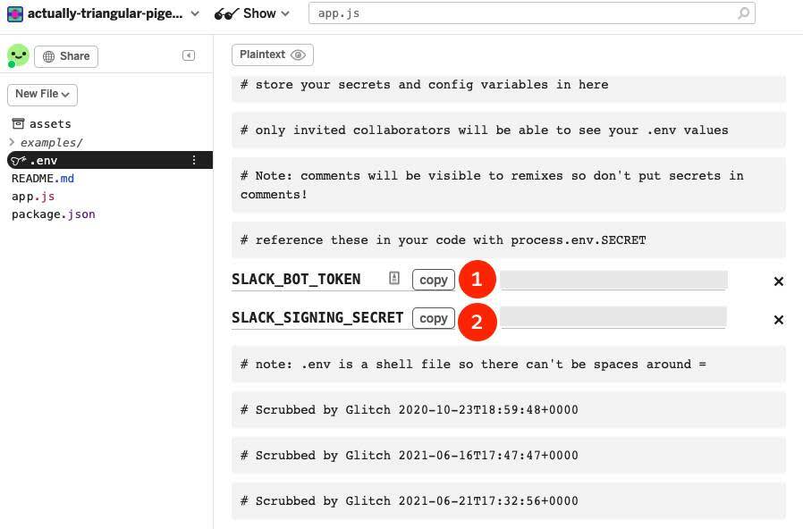 .env file with the Variable Value field after SLACK_BOT_TOKEN marked with a 1, and the Variable Value field after SLACK_SIGNING_SECRET marked with a 2