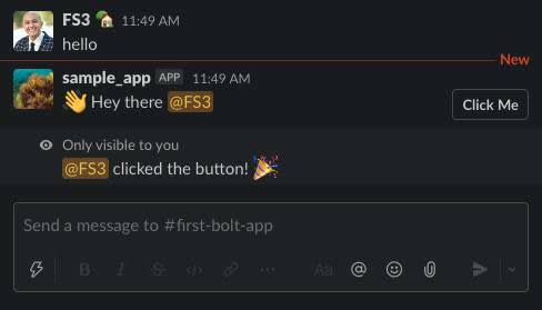 In channel, FS3 post hello with sample_app response with a wave emoji and Hey there @FS3, then a response after the button click, @FS3 clicked the button! With a party popper emoji
